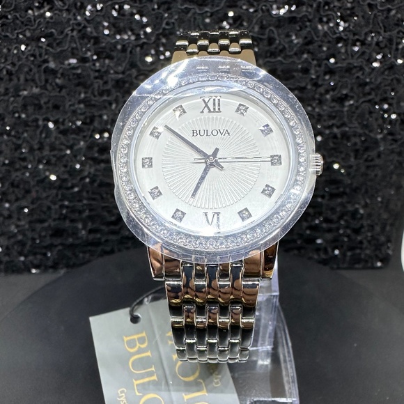 Women's (NWT) Silver Bulova with Mother-of-Pearl face, Diamond hours, & crystals - Picture 3 of 5